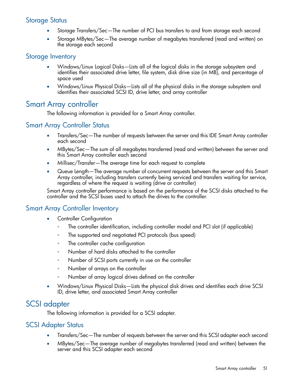 Storage status, Storage inventory, Smart array controller | Smart array controller status, Smart array controller inventory, Scsi adapter, Scsi adapter status, Storage status storage inventory | HP Insight Control User Manual | Page 51 / 73