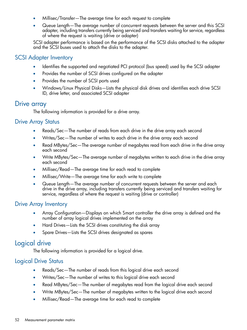 Scsi adapter inventory, Drive array, Drive array status | Drive array inventory, Logical drive, Logical drive status, Drive array status drive array inventory | HP Insight Control User Manual | Page 52 / 73
