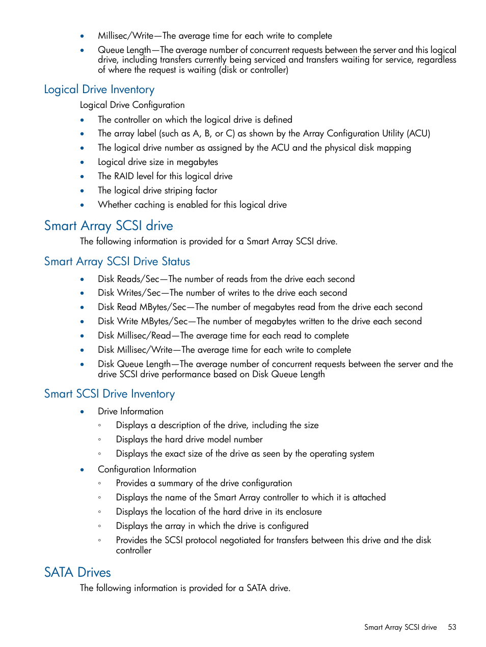 Logical drive inventory, Smart array scsi drive, Smart array scsi drive status | Smart scsi drive inventory, Sata drives | HP Insight Control User Manual | Page 53 / 73