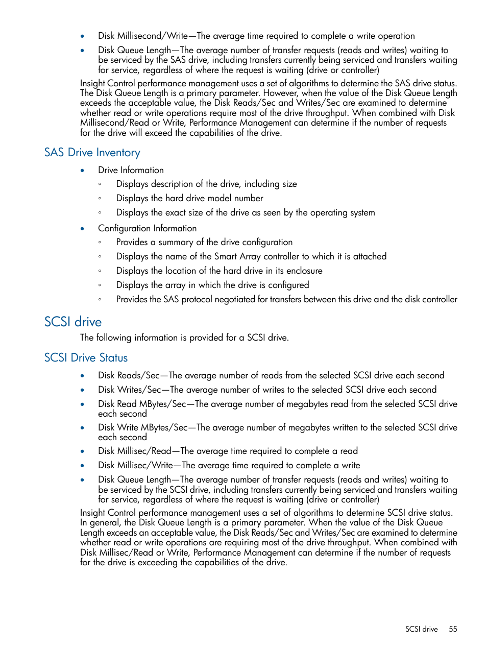 Sas drive inventory, Scsi drive, Scsi drive status | HP Insight Control User Manual | Page 55 / 73