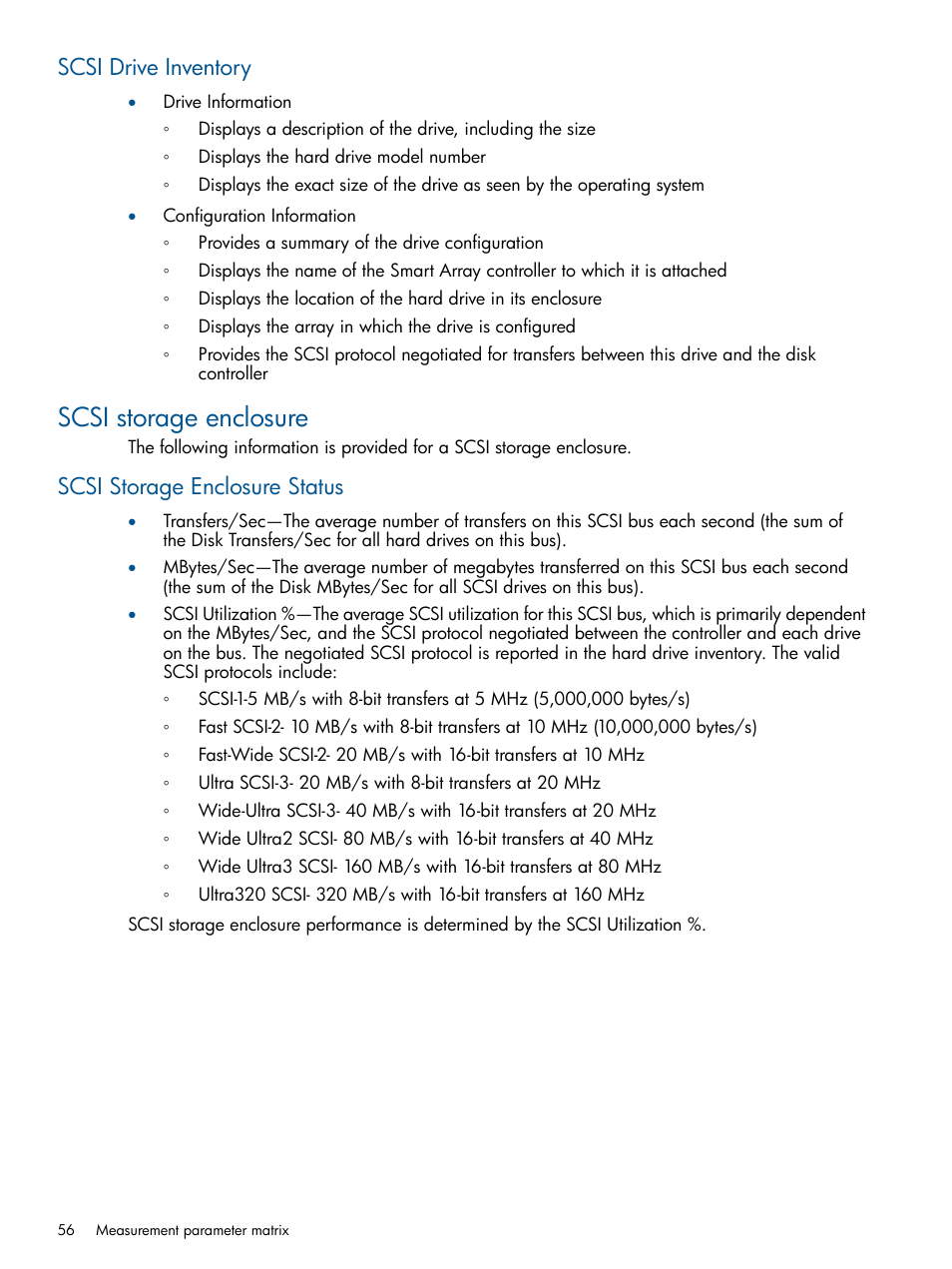 Scsi drive inventory, Scsi storage enclosure, Scsi storage enclosure status | HP Insight Control User Manual | Page 56 / 73