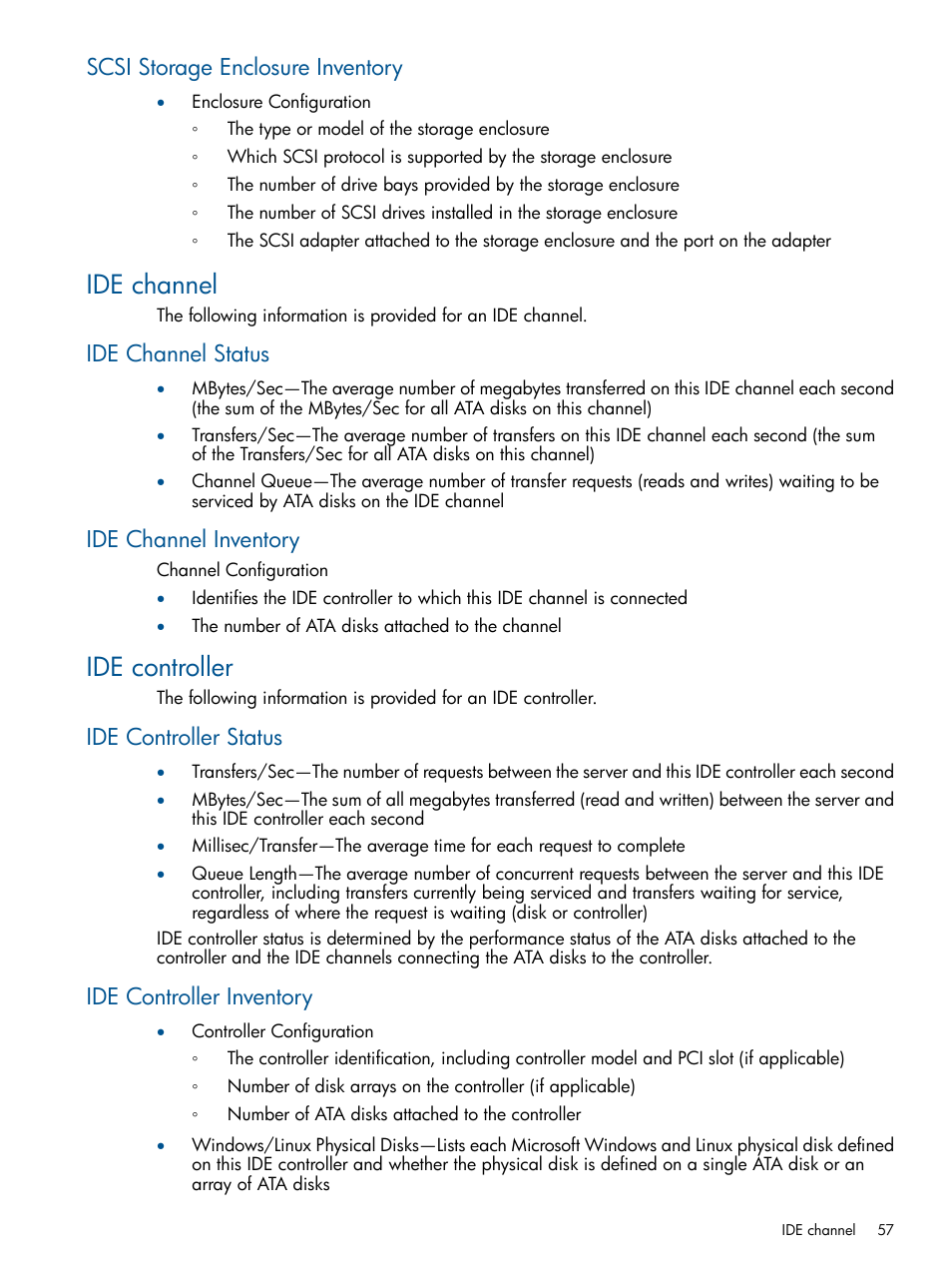 Scsi storage enclosure inventory, Ide channel, Ide channel status | Ide channel inventory, Ide controller, Ide controller status, Ide controller inventory, Ide channel status ide channel inventory | HP Insight Control User Manual | Page 57 / 73