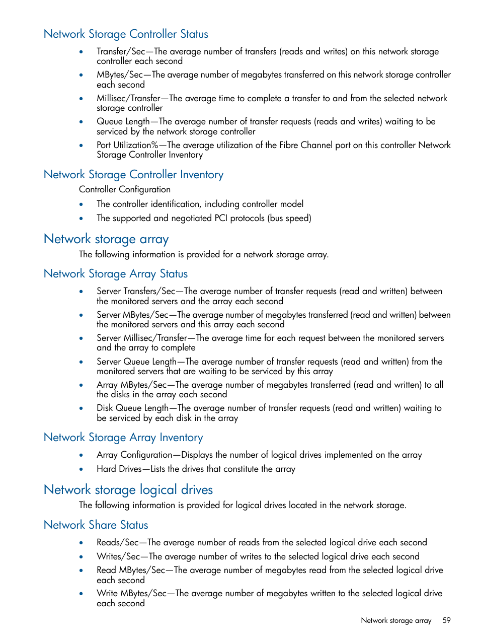 Network storage controller status, Network storage controller inventory, Network storage array | Network storage array status, Network storage array inventory, Network storage logical drives, Network share status | HP Insight Control User Manual | Page 59 / 73