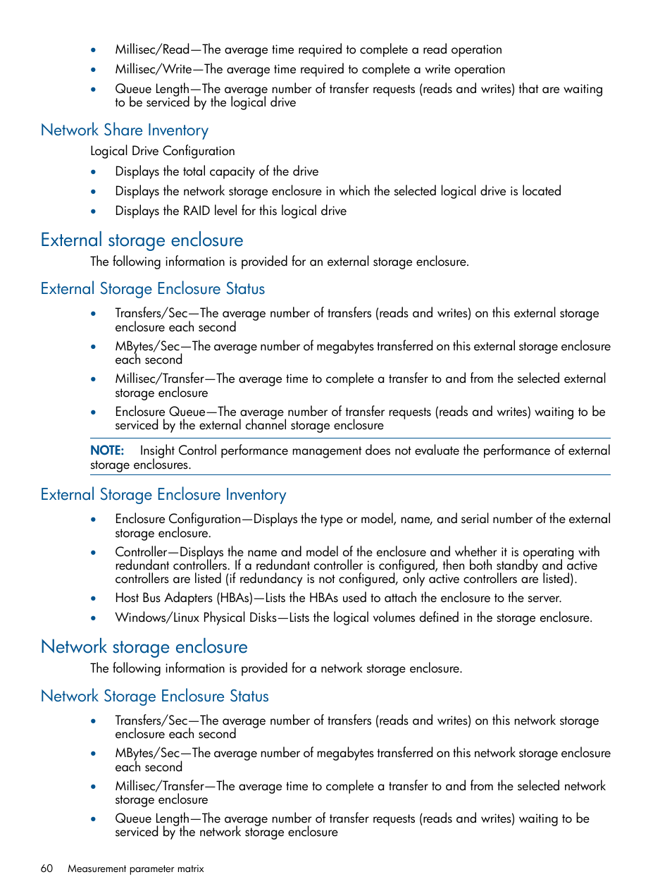 Network share inventory, External storage enclosure, External storage enclosure status | External storage enclosure inventory, Network storage enclosure, Network storage enclosure status | HP Insight Control User Manual | Page 60 / 73