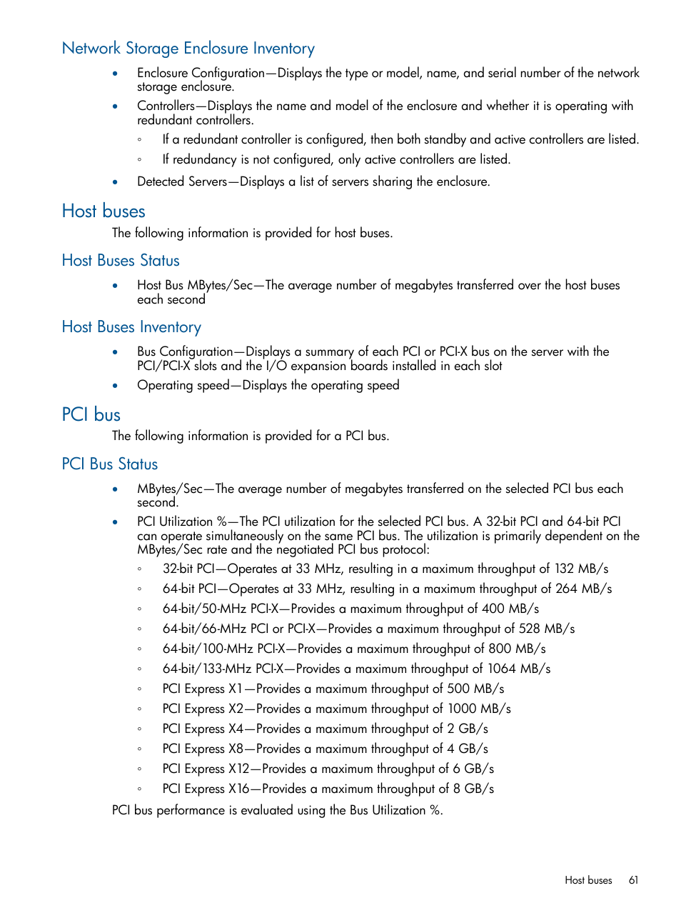 Network storage enclosure inventory, Host buses, Host buses status | Host buses inventory, Pci bus, Pci bus status, Host buses status host buses inventory | HP Insight Control User Manual | Page 61 / 73