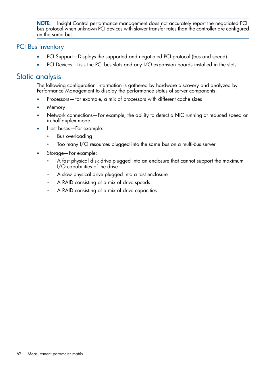 Pci bus inventory, Static analysis | HP Insight Control User Manual | Page 62 / 73