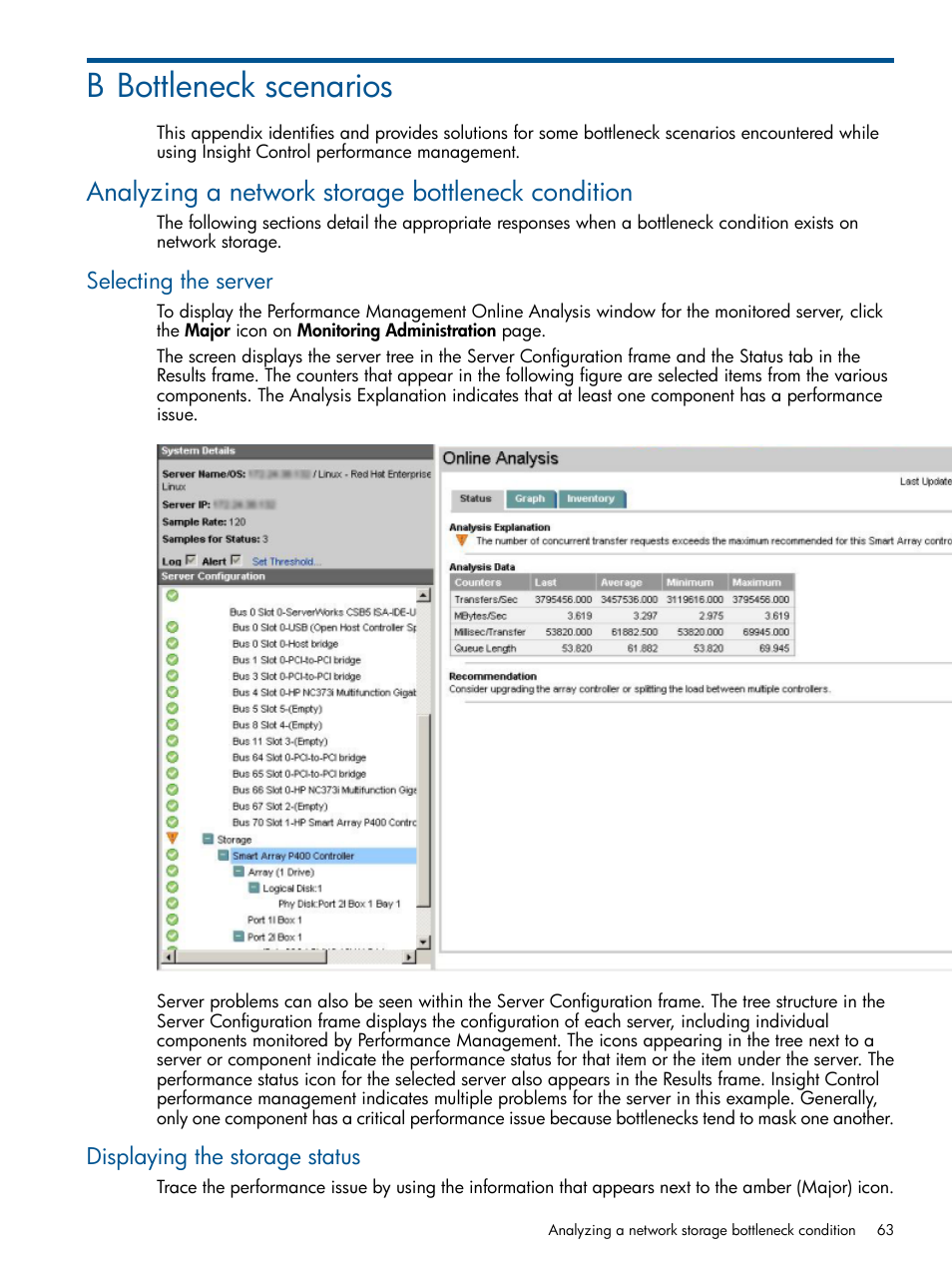 B bottleneck scenarios, Analyzing a network storage bottleneck condition, Selecting the server | Displaying the storage status, Selecting the server displaying the storage status | HP Insight Control User Manual | Page 63 / 73