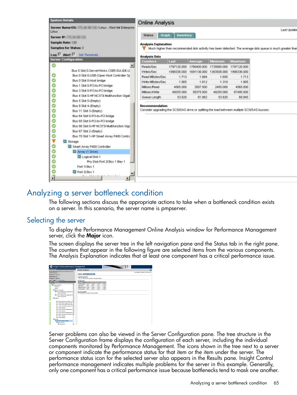 Analyzing a server bottleneck condition, Selecting the server | HP Insight Control User Manual | Page 65 / 73