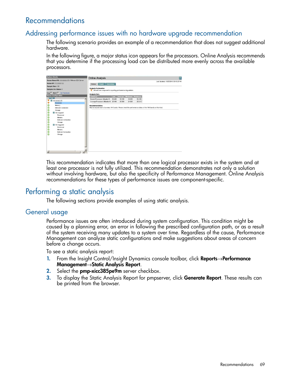 Recommendations, Performing a static analysis, General usage | HP Insight Control User Manual | Page 69 / 73
