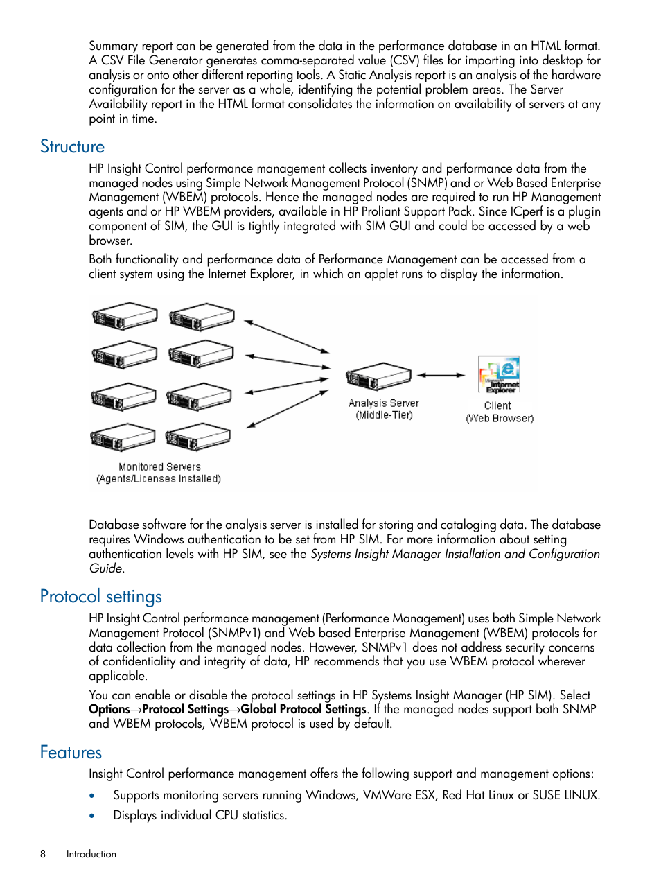 Structure, Protocol settings, Features | Structure protocol settings features | HP Insight Control User Manual | Page 8 / 73