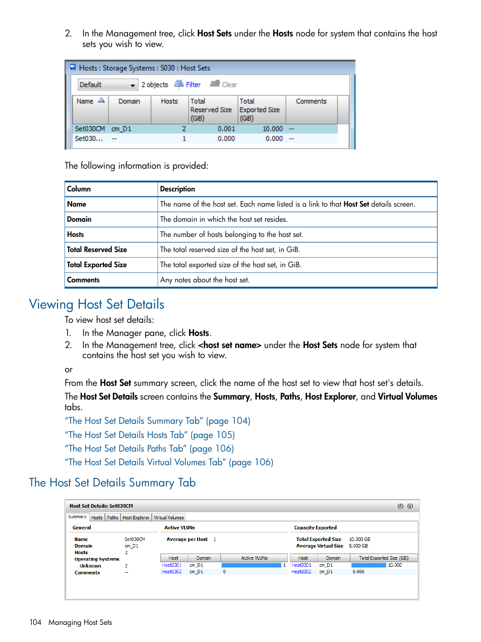 Viewing host set details, The host set details summary tab | HP 3PAR Operating System Software User Manual | Page 104 / 426