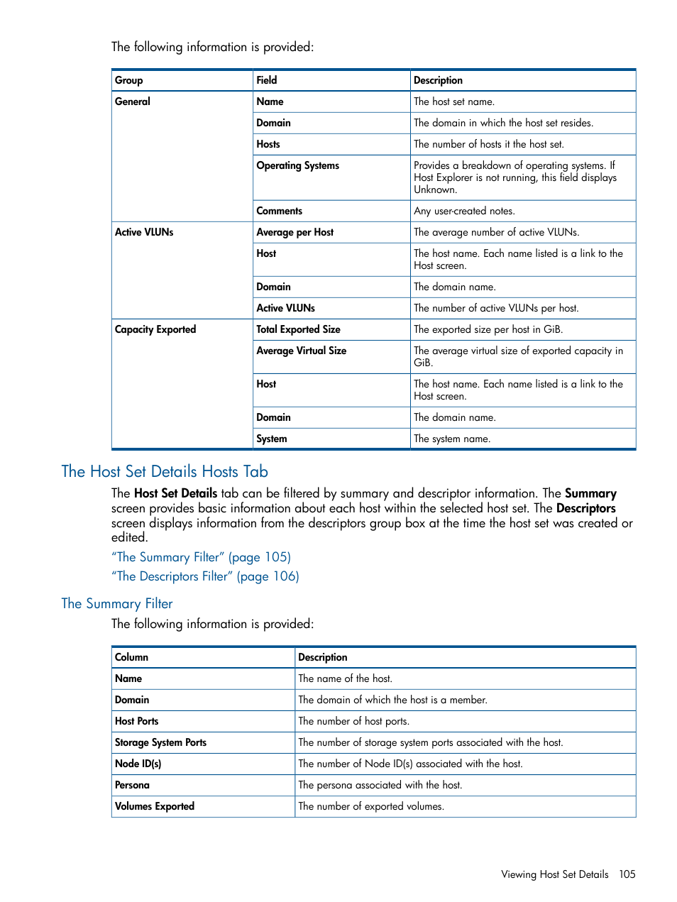 The host set details hosts tab, The summary filter | HP 3PAR Operating System Software User Manual | Page 105 / 426
