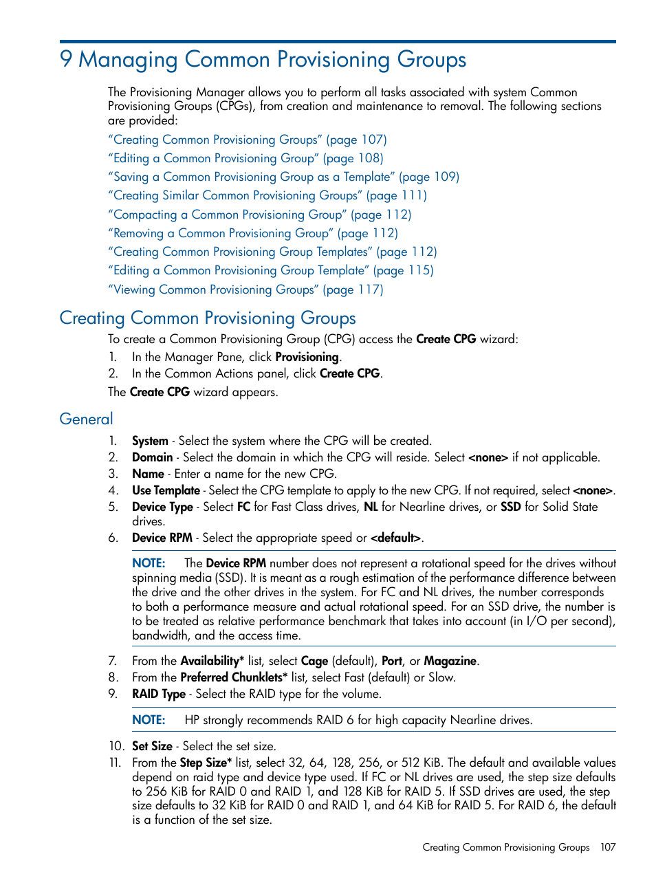 9 managing common provisioning groups, Creating common provisioning groups, General | HP 3PAR Operating System Software User Manual | Page 107 / 426