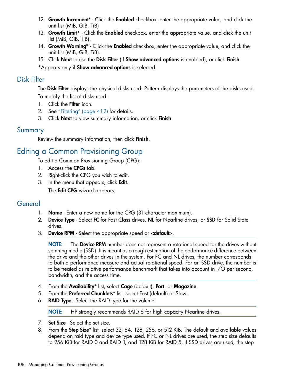 Disk filter, Summary, Editing a common provisioning group | General, Disk filter summary | HP 3PAR Operating System Software User Manual | Page 108 / 426