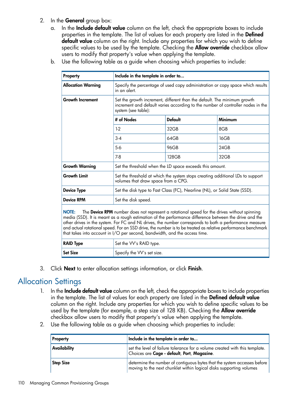 Allocation settings | HP 3PAR Operating System Software User Manual | Page 110 / 426