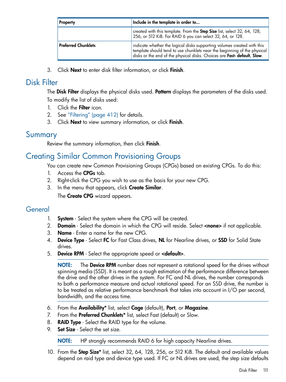 Disk filter, Summary, Creating similar common provisioning groups | General | HP 3PAR Operating System Software User Manual | Page 111 / 426