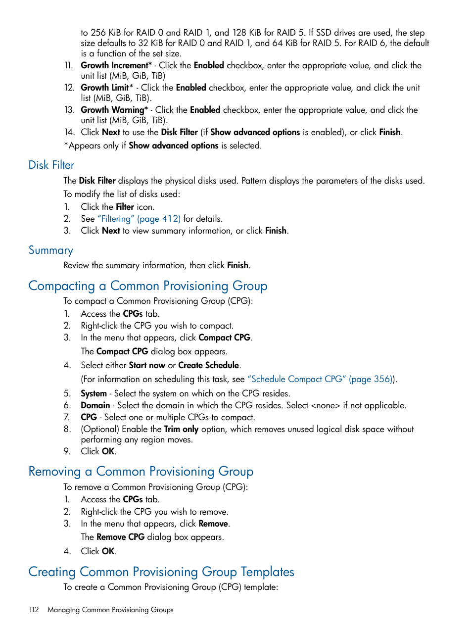 Disk filter, Summary, Compacting a common provisioning group | Removing a common provisioning group, Creating common provisioning group templates, Disk filter summary | HP 3PAR Operating System Software User Manual | Page 112 / 426