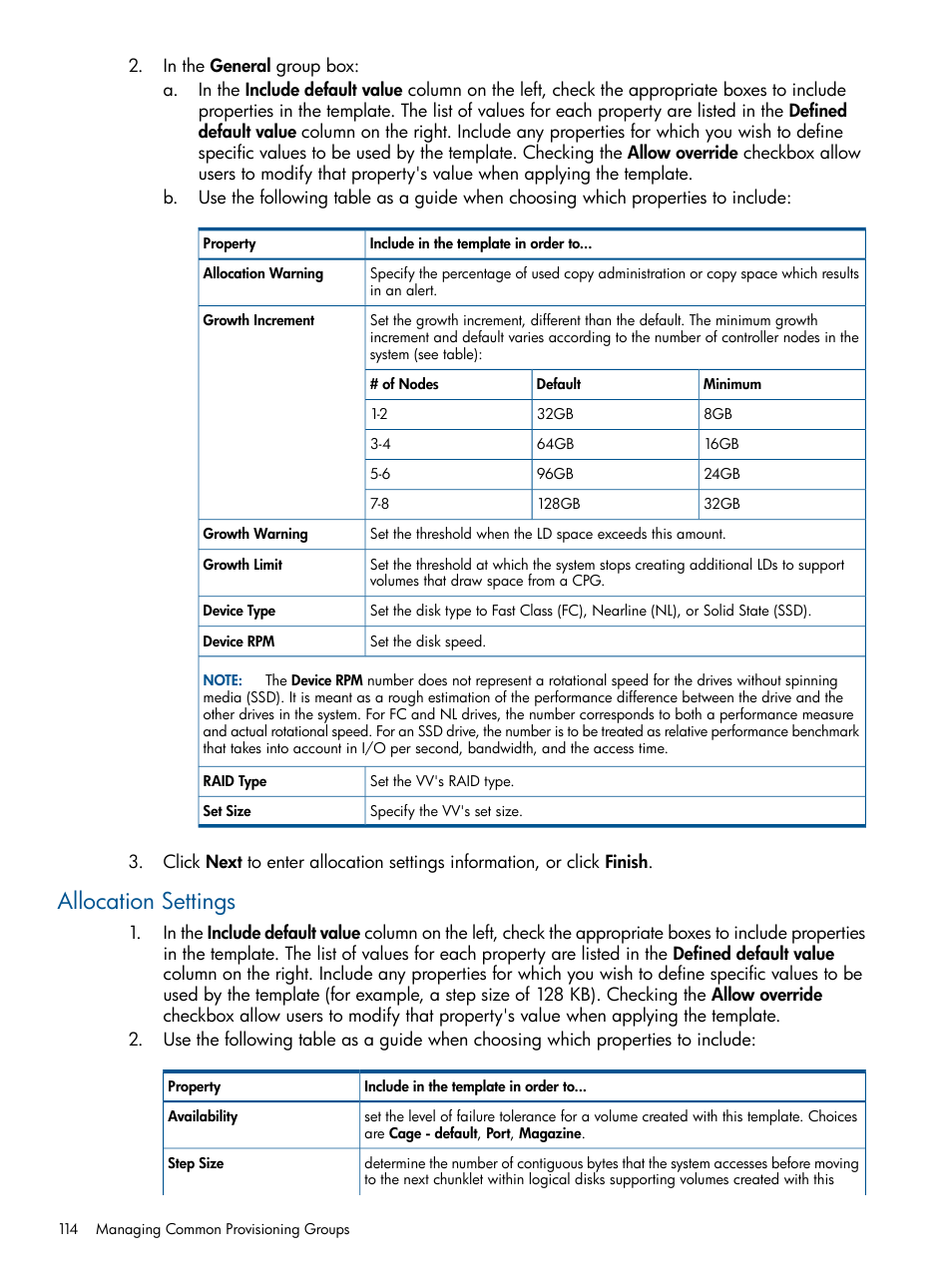 Allocation settings | HP 3PAR Operating System Software User Manual | Page 114 / 426