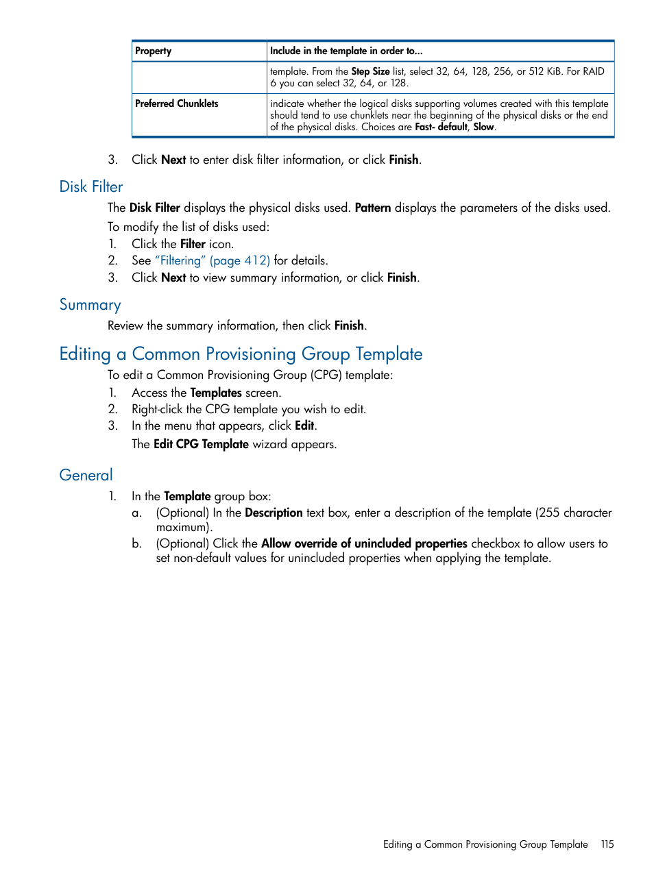 Disk filter, Summary, Editing a common provisioning group template | General, Disk filter summary | HP 3PAR Operating System Software User Manual | Page 115 / 426