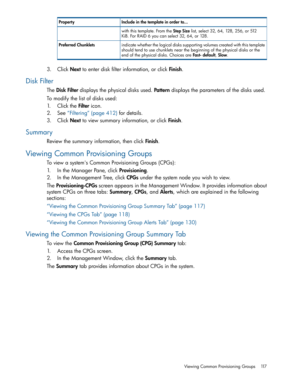 Disk filter, Summary, Viewing common provisioning groups | Viewing the common provisioning group summary tab, Disk filter summary | HP 3PAR Operating System Software User Manual | Page 117 / 426