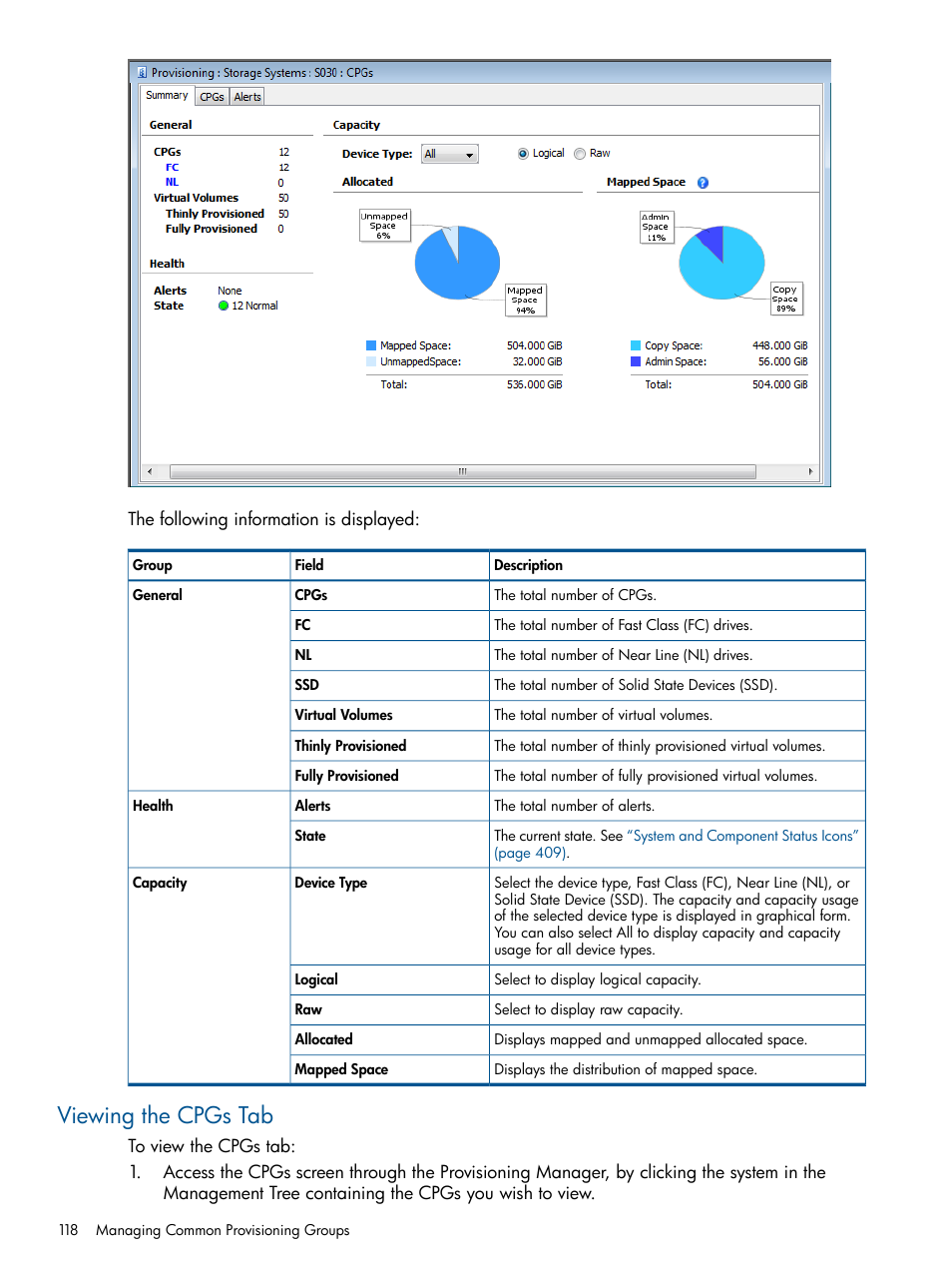 Viewing the cpgs tab | HP 3PAR Operating System Software User Manual | Page 118 / 426