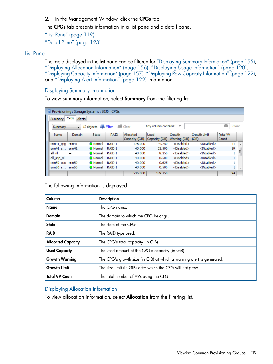 List pane, Displaying summary information, Displaying allocation information | HP 3PAR Operating System Software User Manual | Page 119 / 426