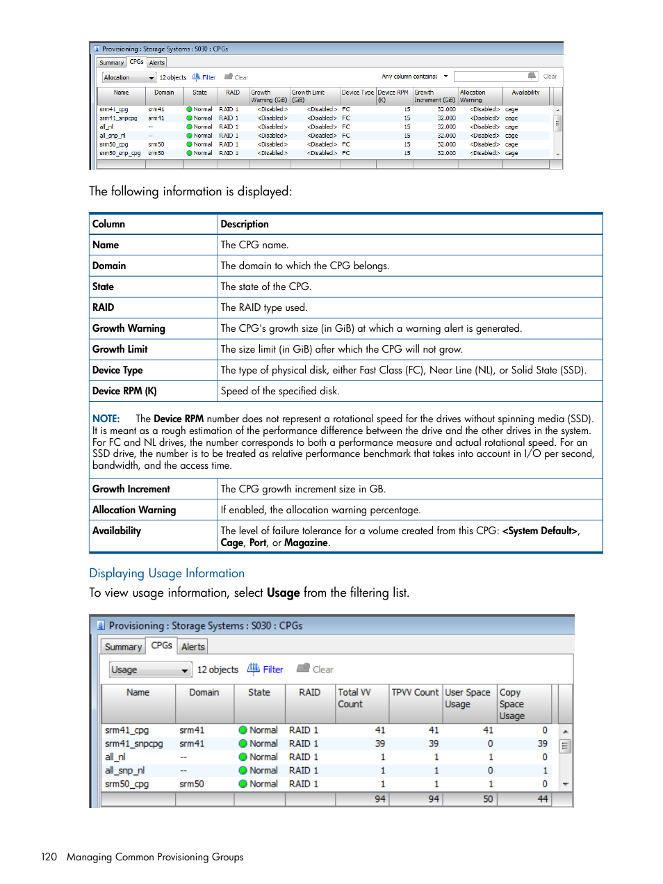 Displaying usage information | HP 3PAR Operating System Software User Manual | Page 120 / 426