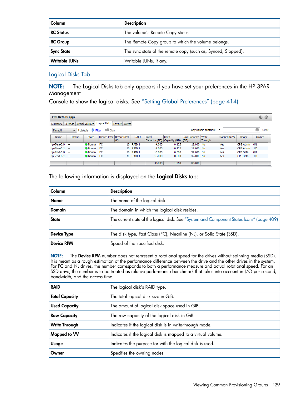 Logical disks tab | HP 3PAR Operating System Software User Manual | Page 129 / 426