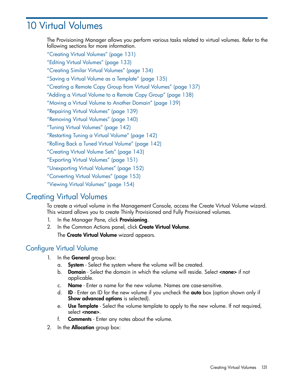 10 virtual volumes, Creating virtual volumes, Configure virtual volume | HP 3PAR Operating System Software User Manual | Page 131 / 426