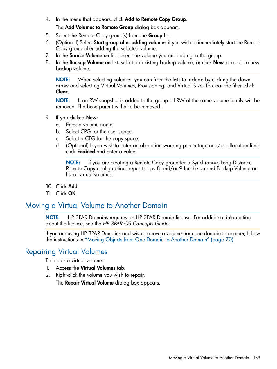 Moving a virtual volume to another domain, Repairing virtual volumes | HP 3PAR Operating System Software User Manual | Page 139 / 426