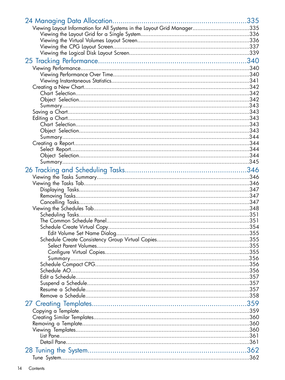 24 managing data allocation, 25 tracking performance, 26 tracking and scheduling tasks | 27 creating templates, 28 tuning the system | HP 3PAR Operating System Software User Manual | Page 14 / 426