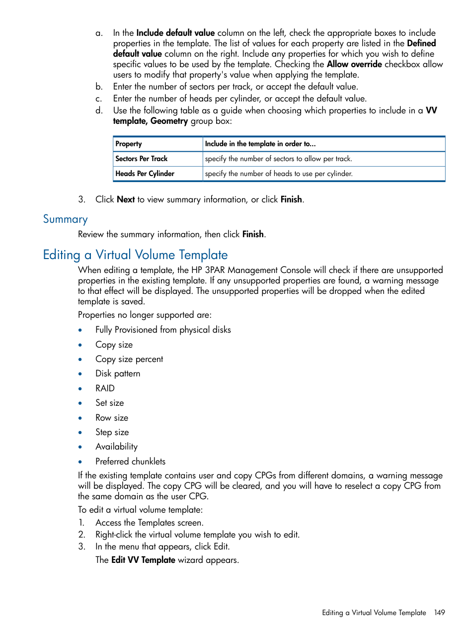 Summary, Editing a virtual volume template | HP 3PAR Operating System Software User Manual | Page 149 / 426