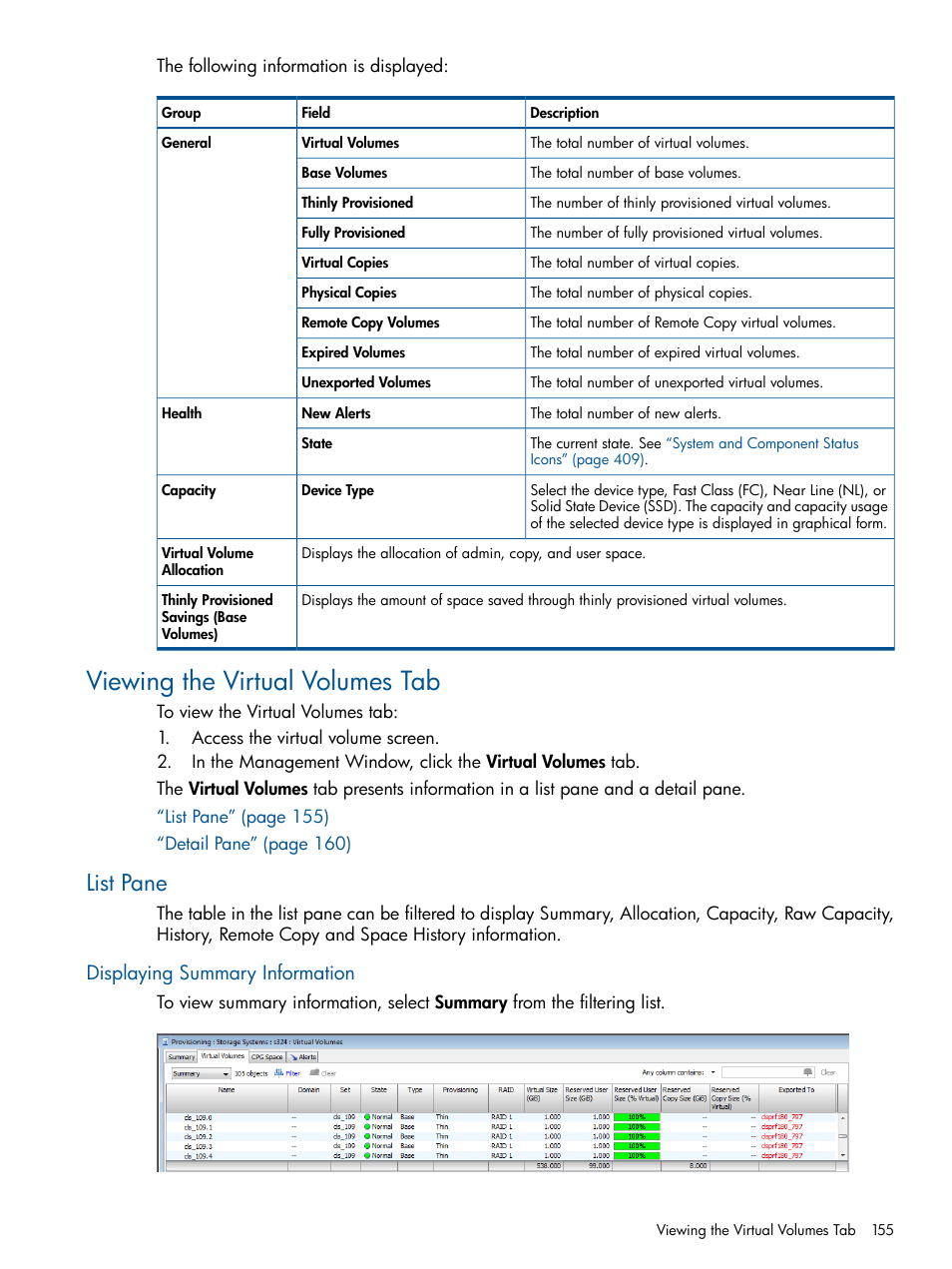 Viewing the virtual volumes tab, List pane, Displaying summary information | Viewing the virtual | HP 3PAR Operating System Software User Manual | Page 155 / 426