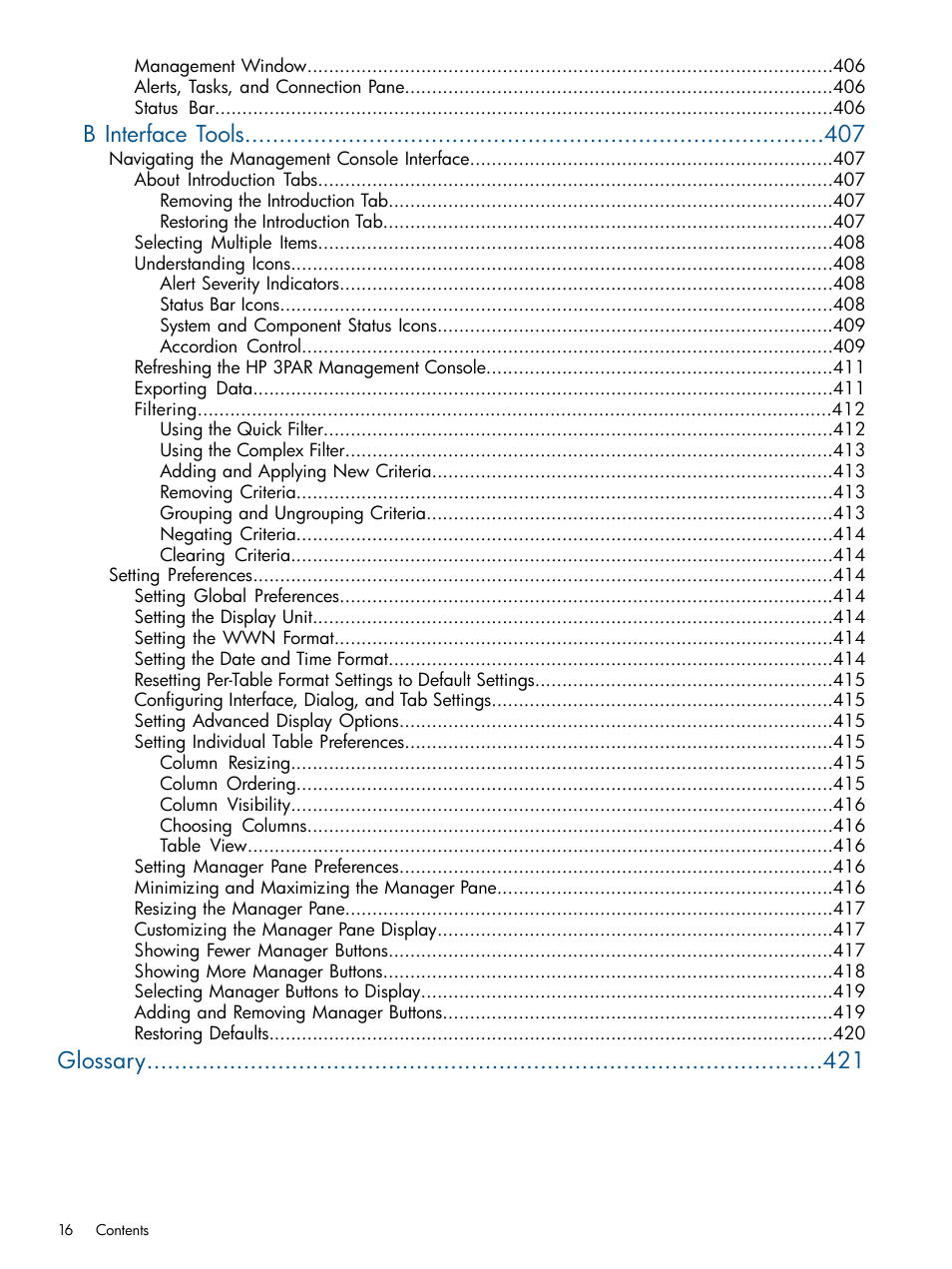 B interface tools, Glossary | HP 3PAR Operating System Software User Manual | Page 16 / 426