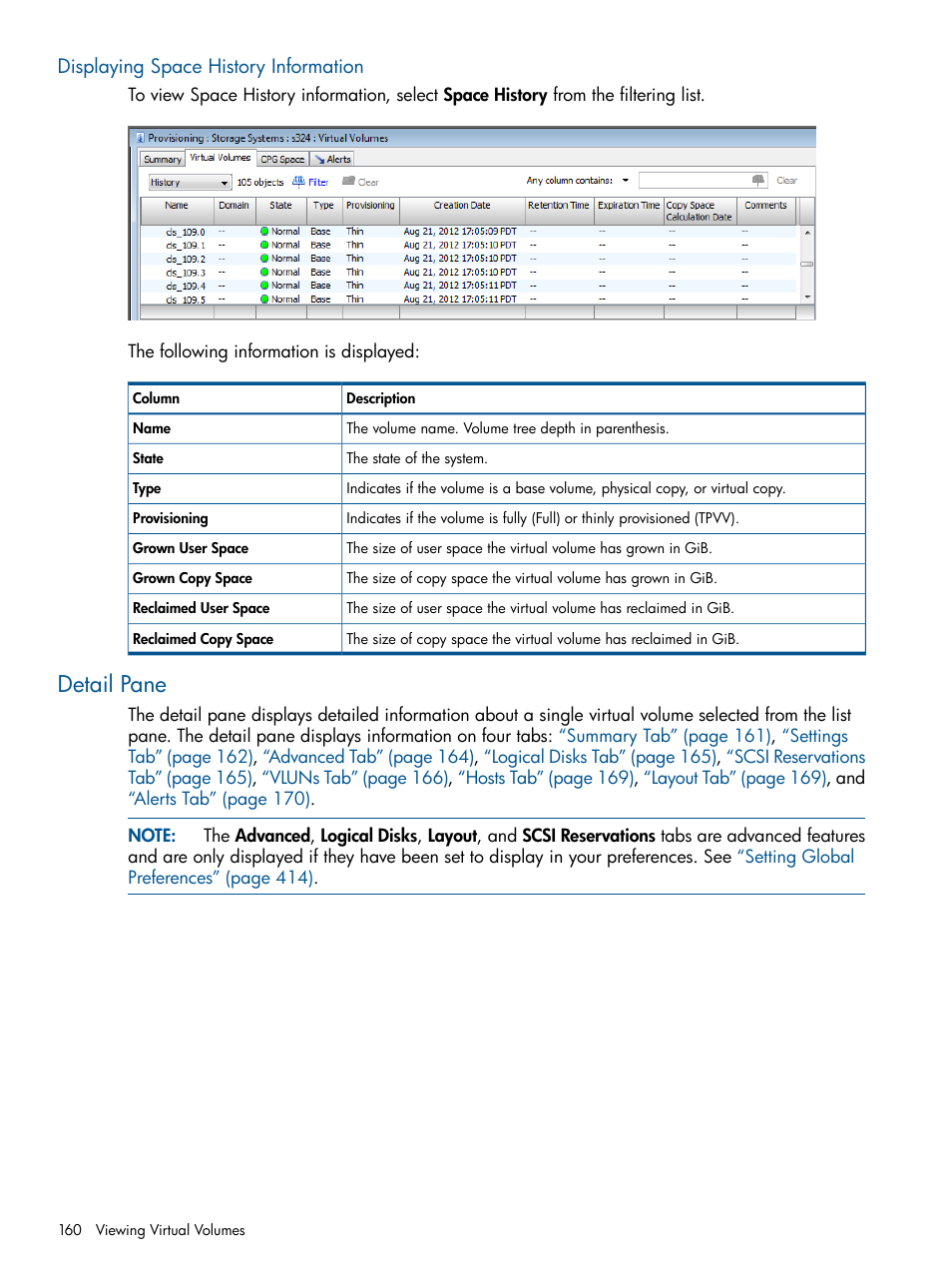 Displaying space history information, Detail pane | HP 3PAR Operating System Software User Manual | Page 160 / 426