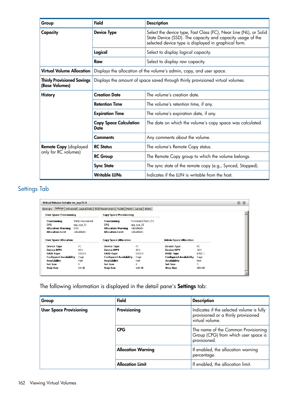 Settings tab, Settings | HP 3PAR Operating System Software User Manual | Page 162 / 426