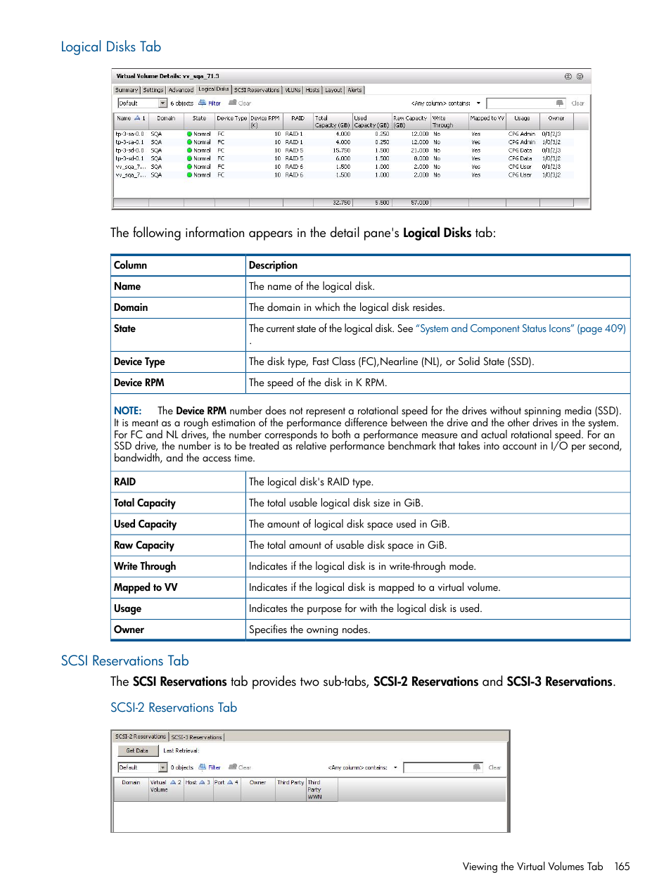 Logical disks tab, Scsi reservations tab, Scsi-2 reservations tab | Logical disks tab scsi reservations tab, Scsi reservations | HP 3PAR Operating System Software User Manual | Page 165 / 426