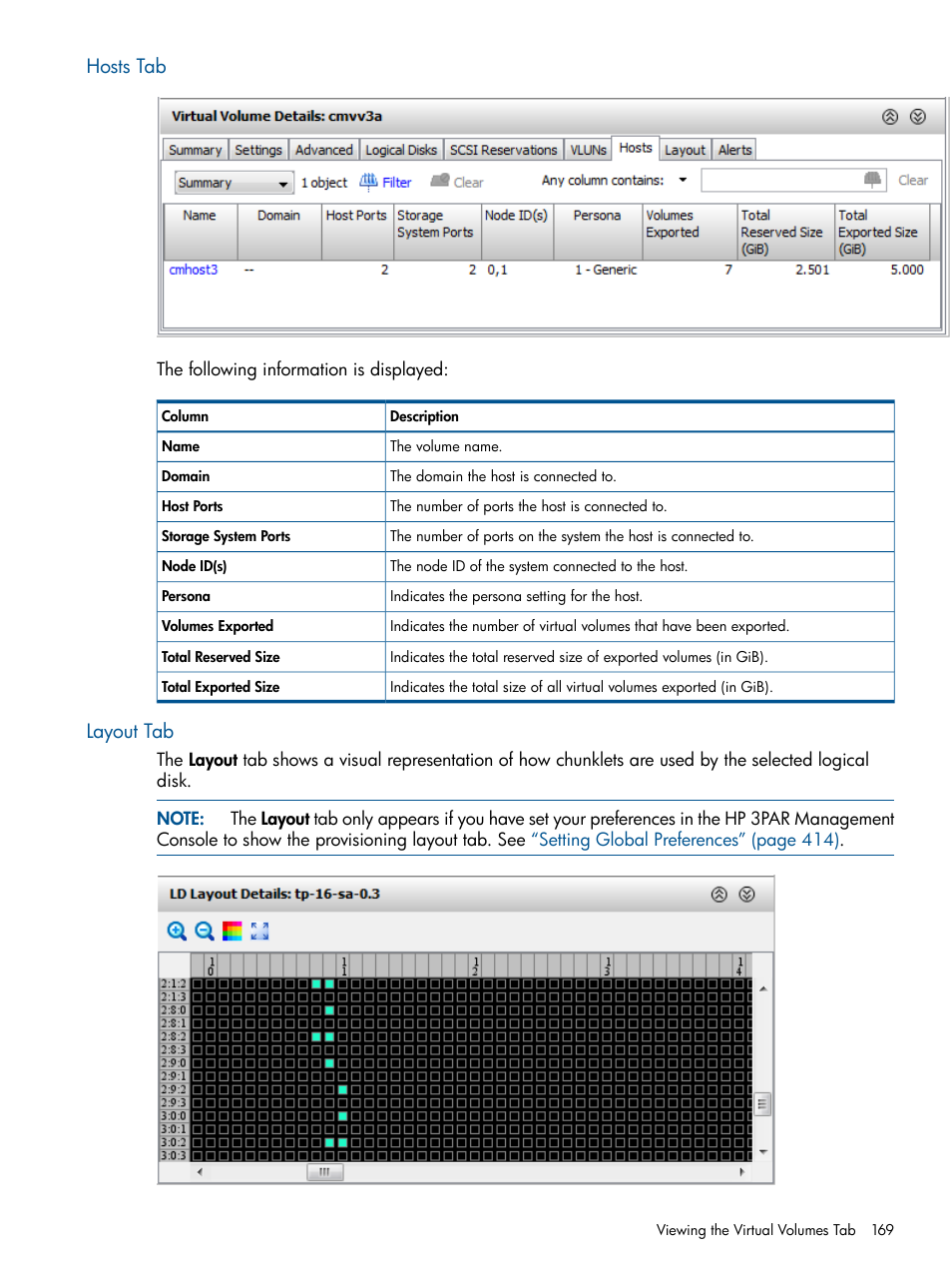 Hosts tab, Layout tab, Hosts tab layout tab | HP 3PAR Operating System Software User Manual | Page 169 / 426