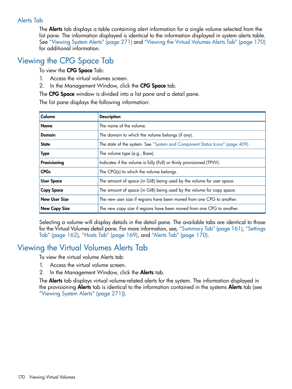 Alerts tab, Viewing the cpg space tab, Viewing the virtual volumes alerts tab | HP 3PAR Operating System Software User Manual | Page 170 / 426