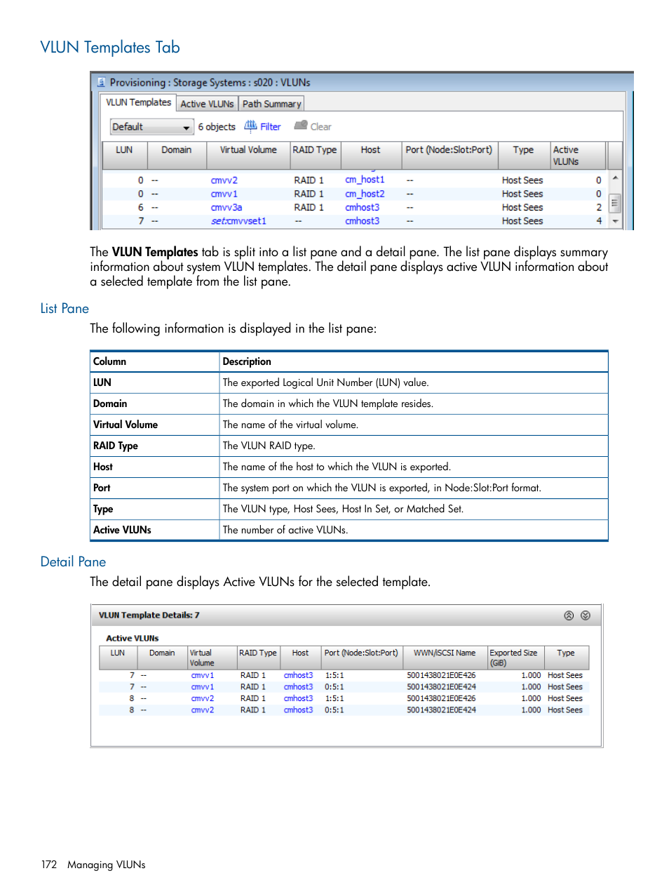 Vlun templates tab, List pane, Detail pane | List pane detail pane | HP 3PAR Operating System Software User Manual | Page 172 / 426