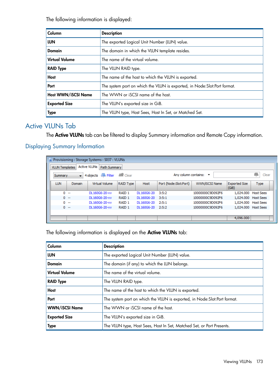 Active vluns tab, Displaying summary information | HP 3PAR Operating System Software User Manual | Page 173 / 426