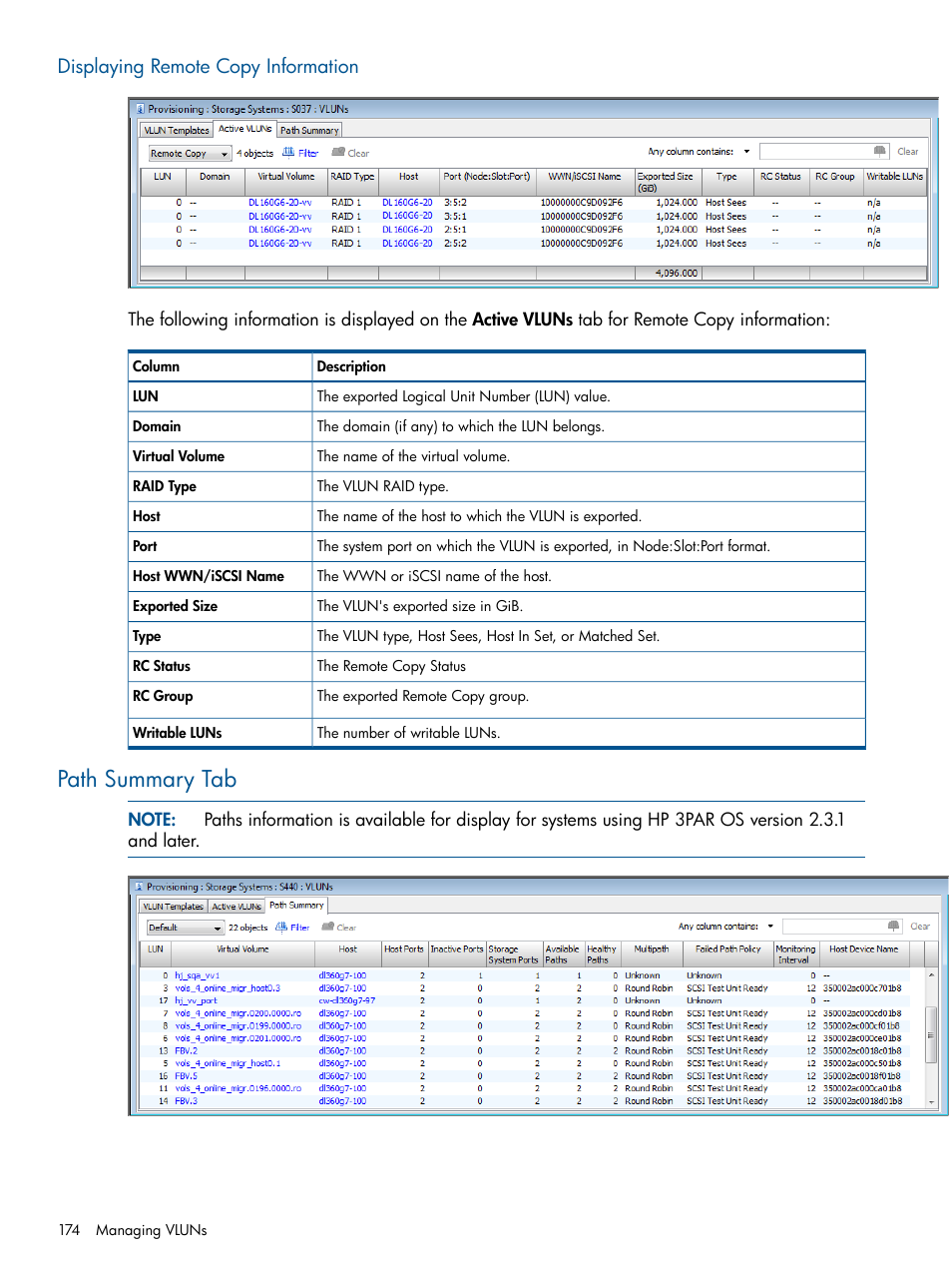 Displaying remote copy information, Path summary tab | HP 3PAR Operating System Software User Manual | Page 174 / 426