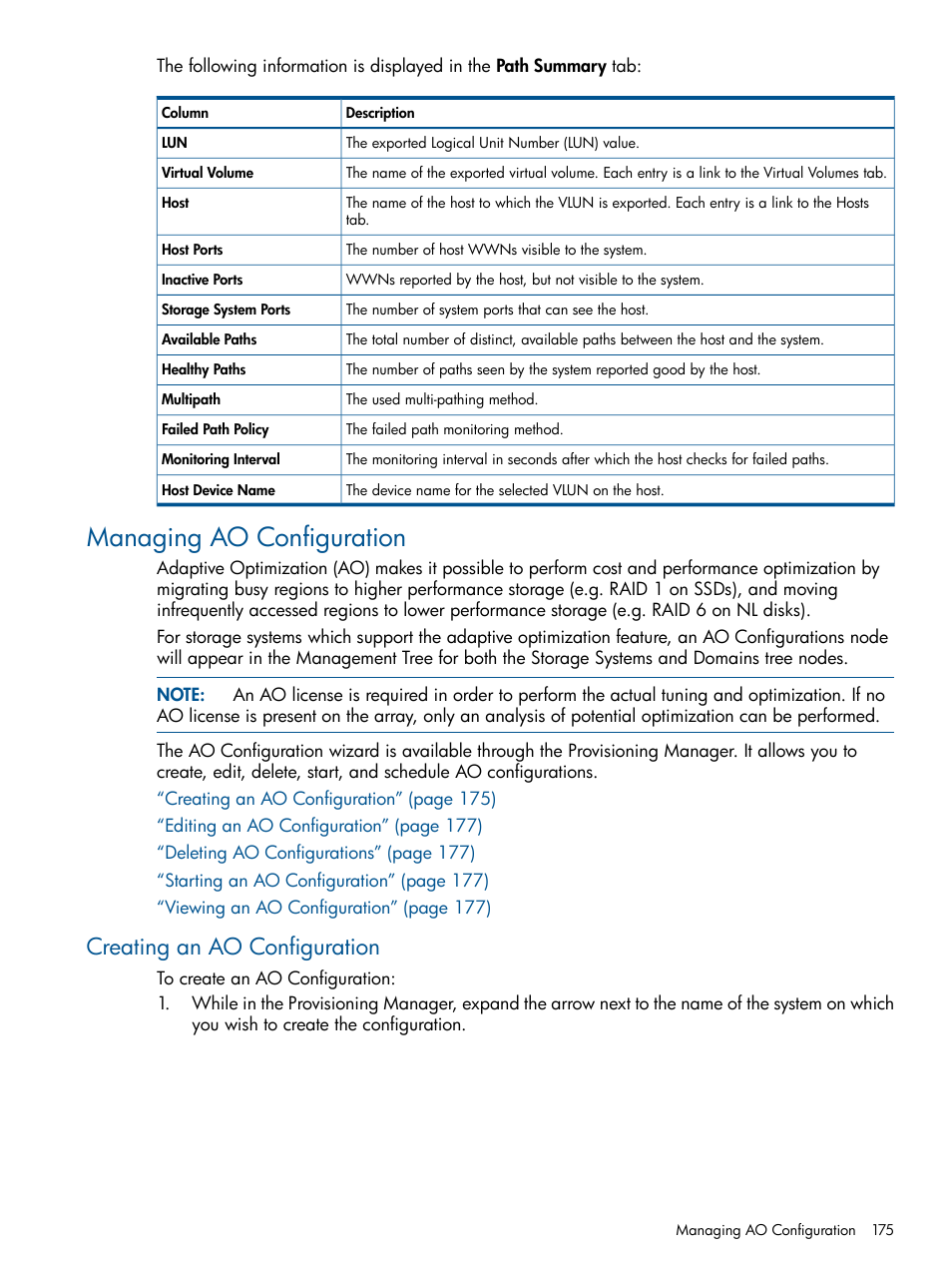 Managing ao configuration, Creating an ao configuration | HP 3PAR Operating System Software User Manual | Page 175 / 426