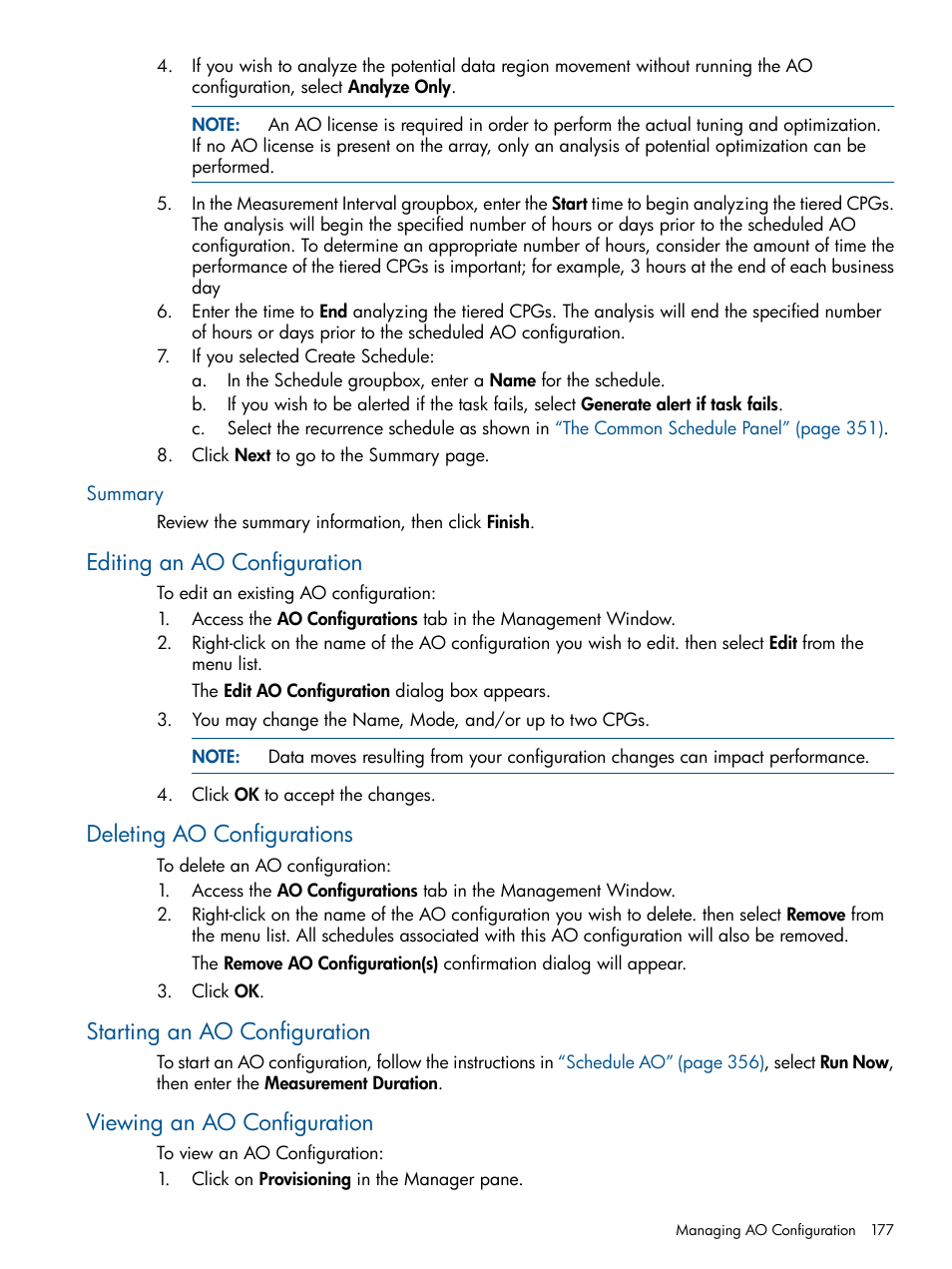 Summary, Editing an ao configuration, Deleting ao configurations | Starting an ao configuration, Viewing an ao configuration | HP 3PAR Operating System Software User Manual | Page 177 / 426