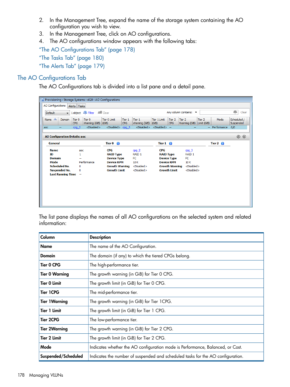 The ao configurations tab | HP 3PAR Operating System Software User Manual | Page 178 / 426