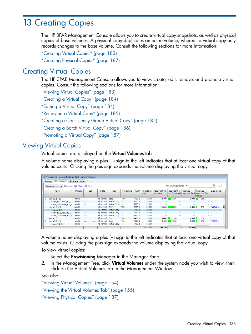 13 creating copies, Creating virtual copies, Viewing virtual copies | HP 3PAR Operating System Software User Manual | Page 183 / 426