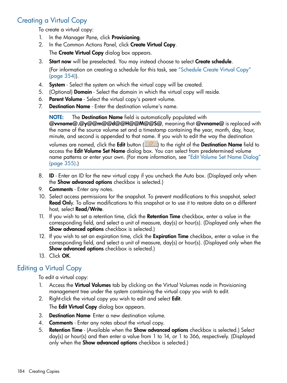 Creating a virtual copy, Editing a virtual copy, Creating a virtual copy editing a virtual copy | HP 3PAR Operating System Software User Manual | Page 184 / 426