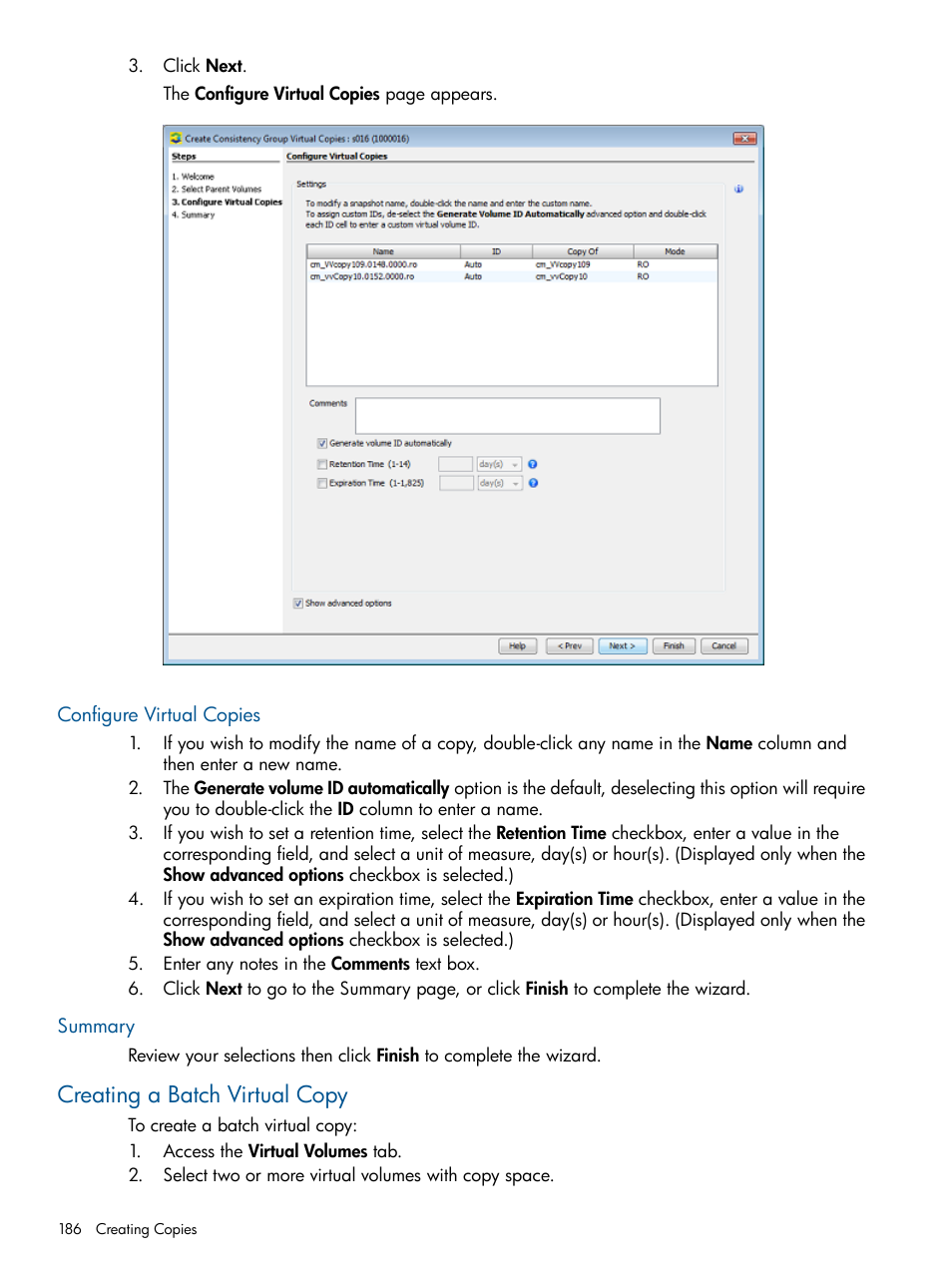 Configure virtual copies, Summary, Creating a batch virtual copy | Configure virtual copies summary | HP 3PAR Operating System Software User Manual | Page 186 / 426