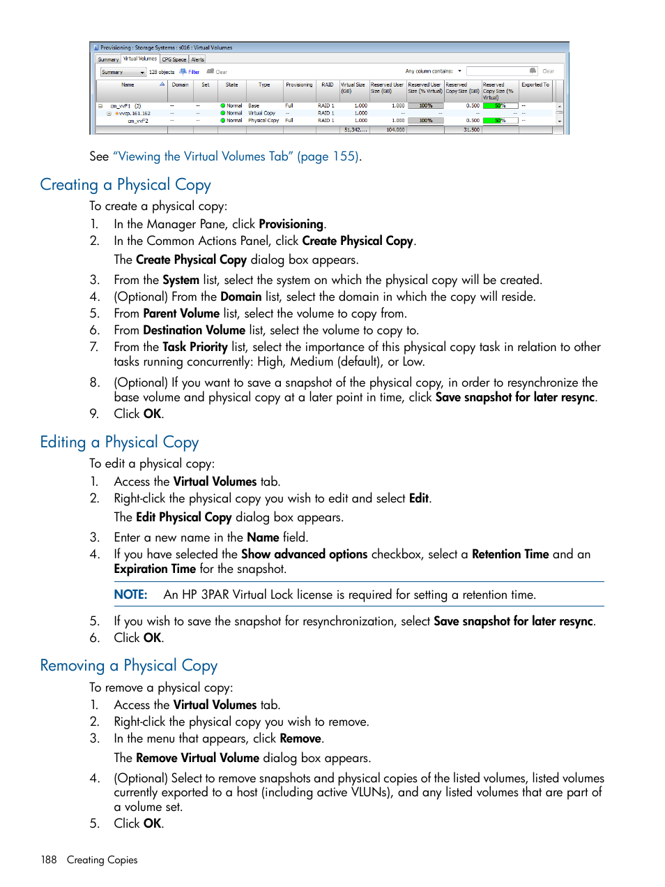 Creating a physical copy, Editing a physical copy, Removing a physical copy | HP 3PAR Operating System Software User Manual | Page 188 / 426