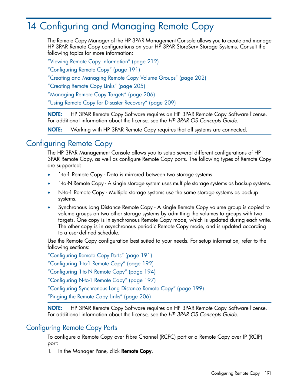 14 configuring and managing remote copy, Configuring remote copy, Configuring remote copy ports | HP 3PAR Operating System Software User Manual | Page 191 / 426